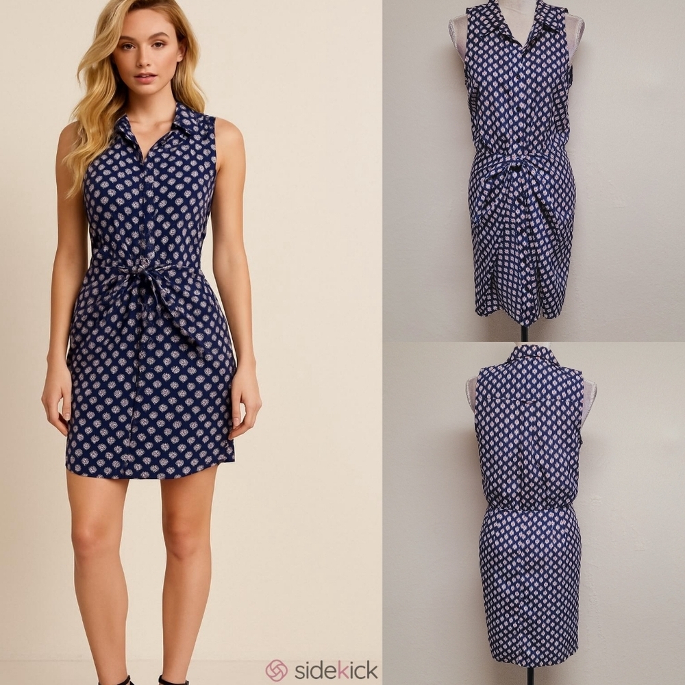 Michael Michael Kors Blue Ikat Print Front Tie-Waist Sleeveless Button Up Dress